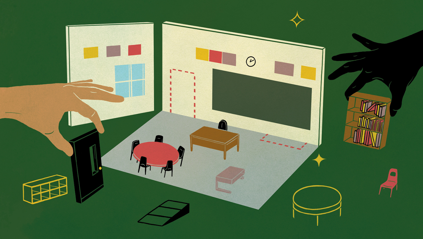 Different hands building a classroom playset