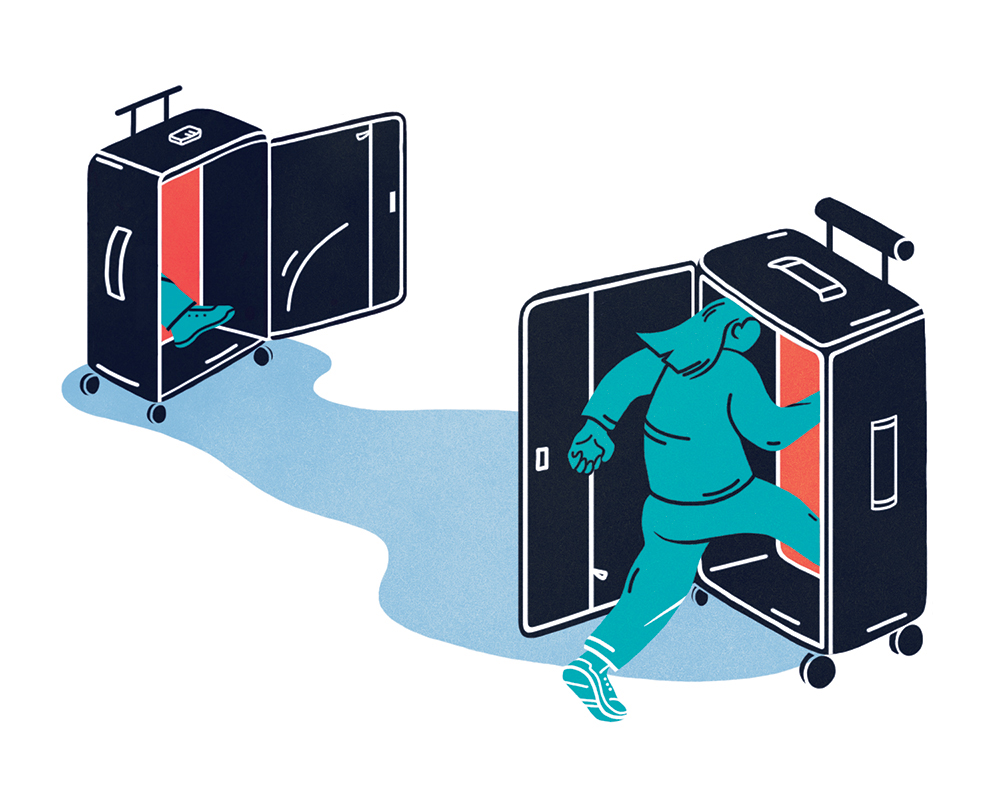 A woman traveling through luggage portals