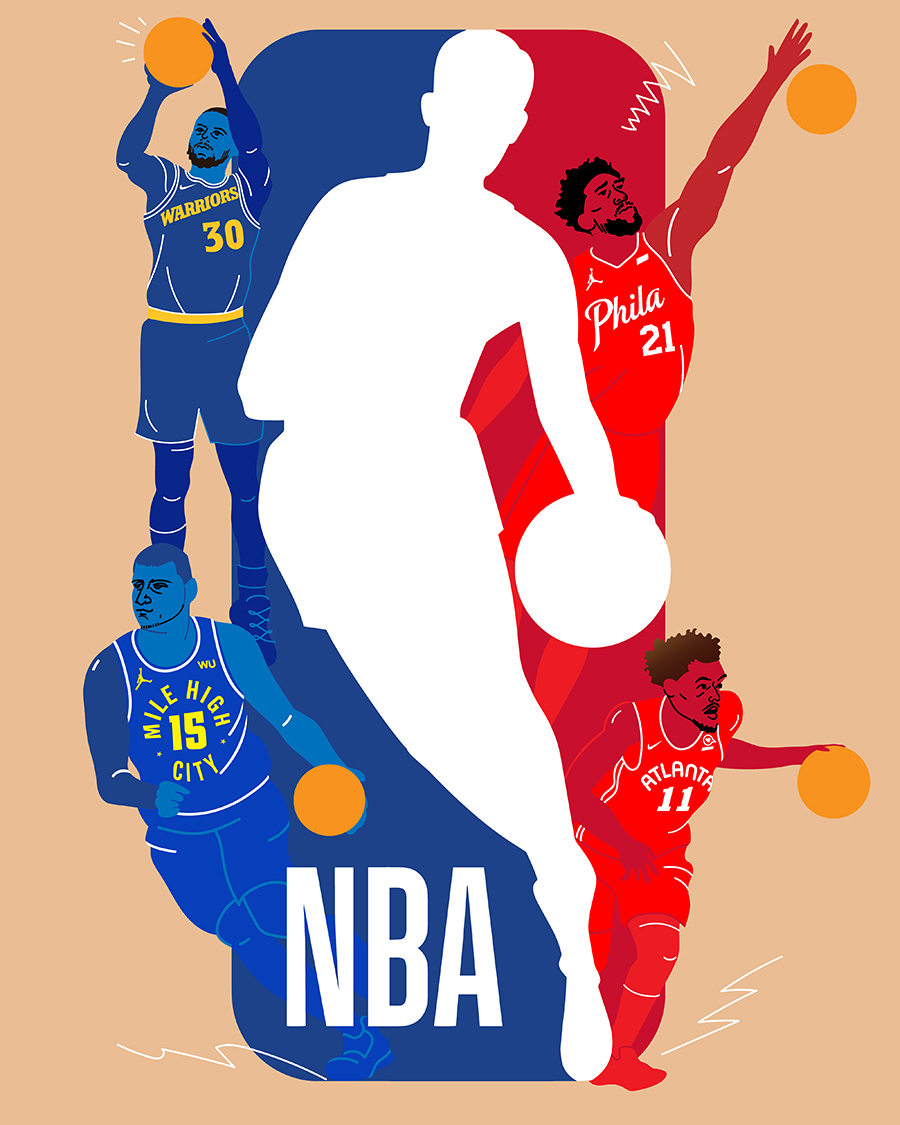 NBA Logo Steph Curry, Joel Embiid, Nikola Jokić, Trae Young