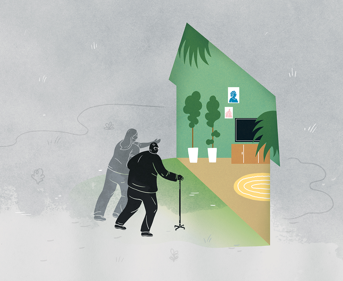 A woman guiding an elderly man into a home