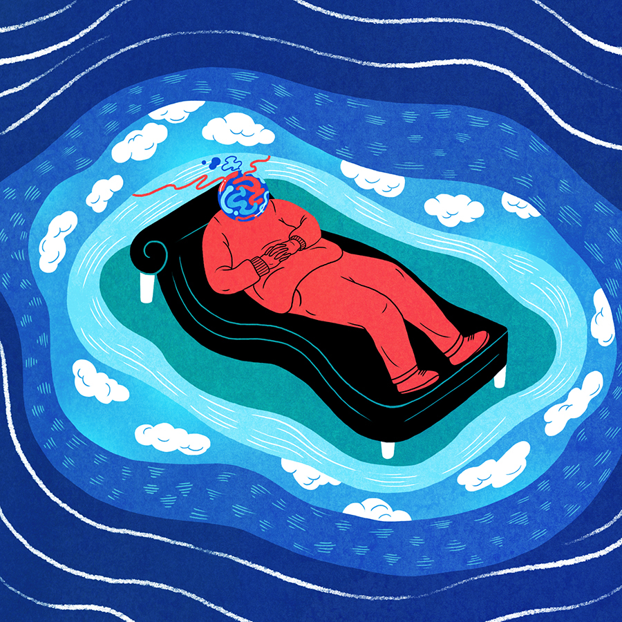 A person lying on a reclining chair surrounded by clouds and waves