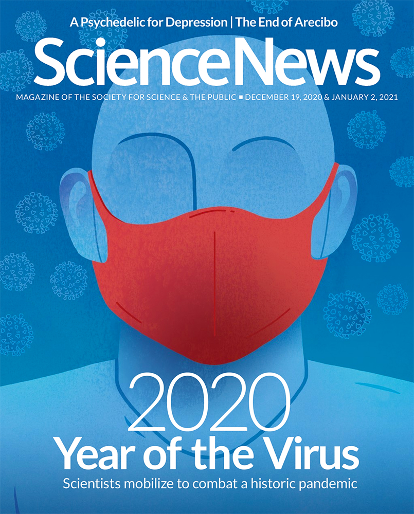 A person wearing a red facemask with coronavirus cells in the background