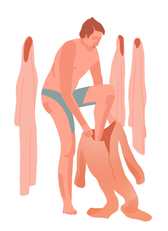 A person trying on different skins