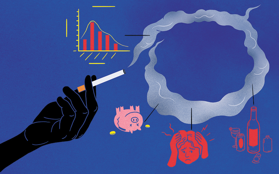 A hand holding a smoking cigarette, with icons labeled around the smoke