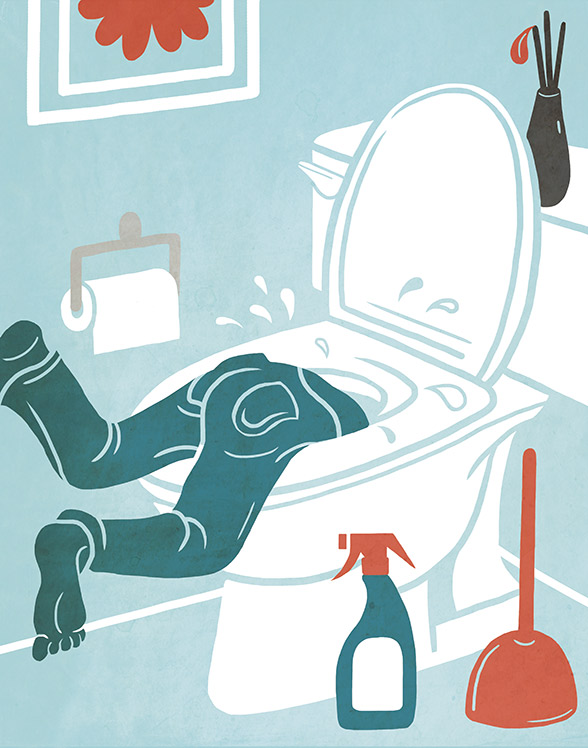 Person falls into the toilet while cleaning